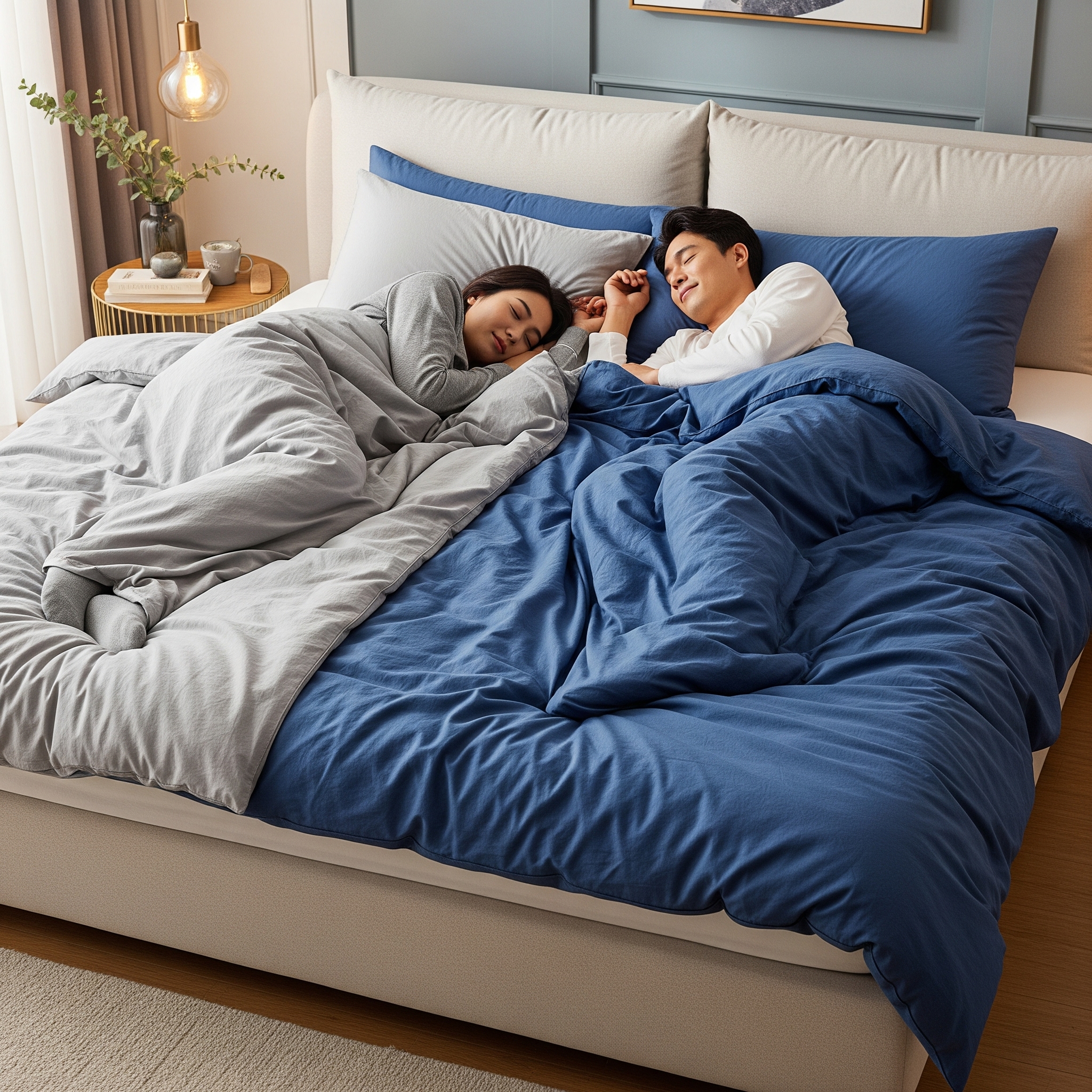 Couple endormi dans un grand lit avec matelas à indépendance de couchage