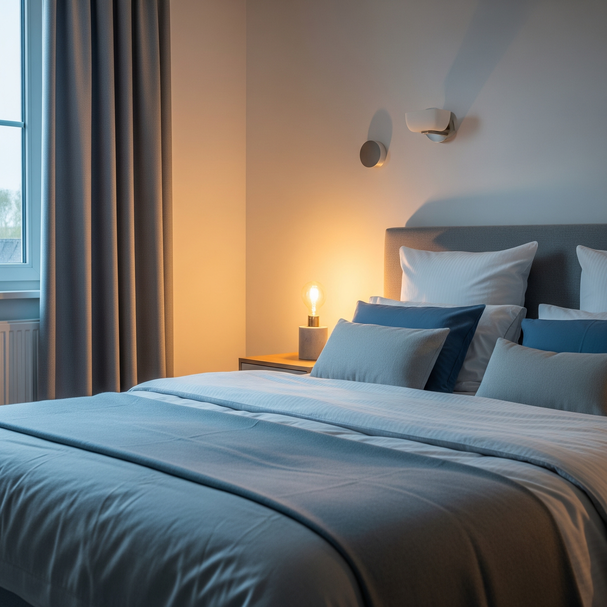 Chambre avec éclairage tamisé chaud et lampe de chevet propice à l'endormissement