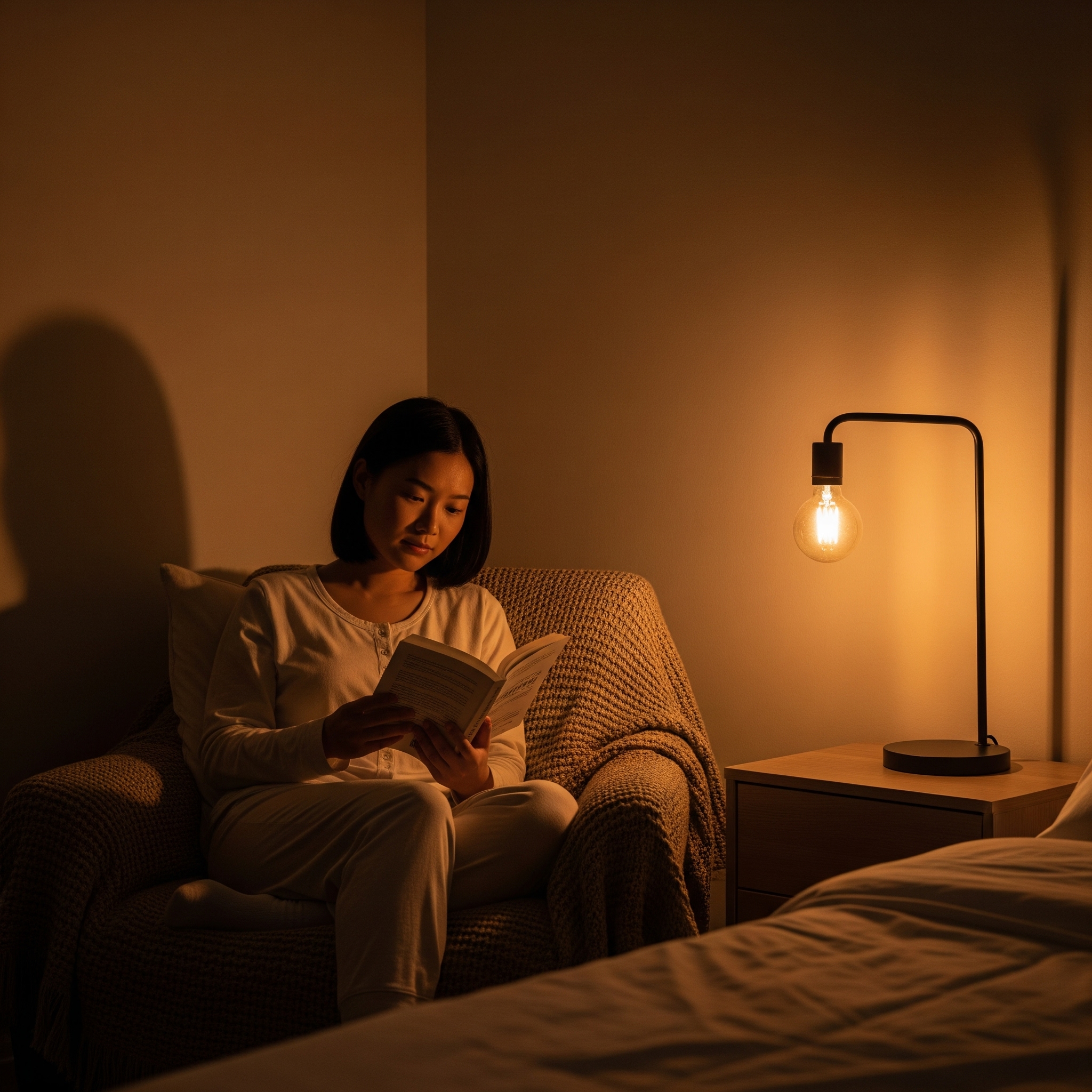Personne qui lit dans une chambre tamisée, créant une routine apaisante avant de dormir