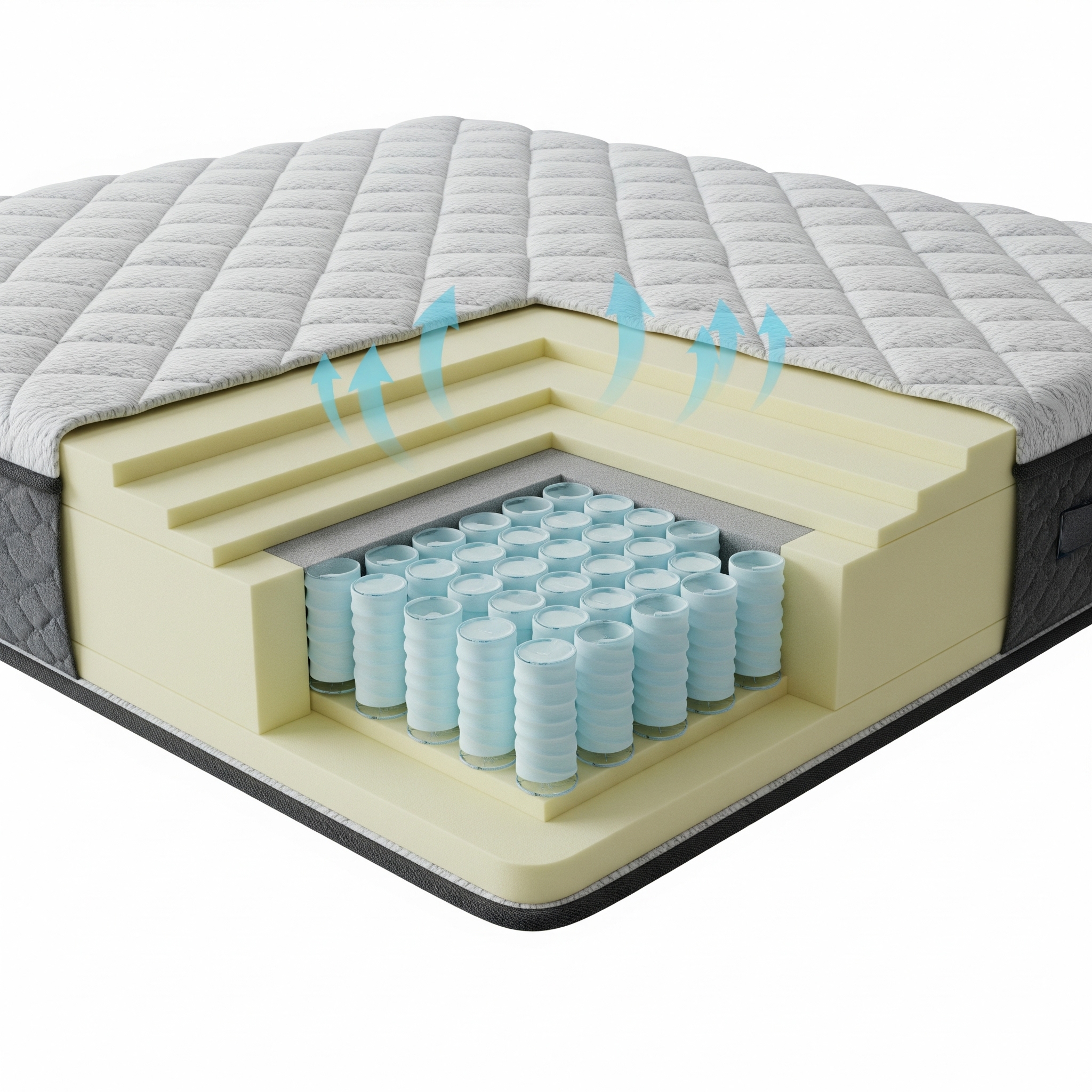 Coupe transversale d'un matelas hybride combinant ressorts ensachés et mousse à mémoire de forme