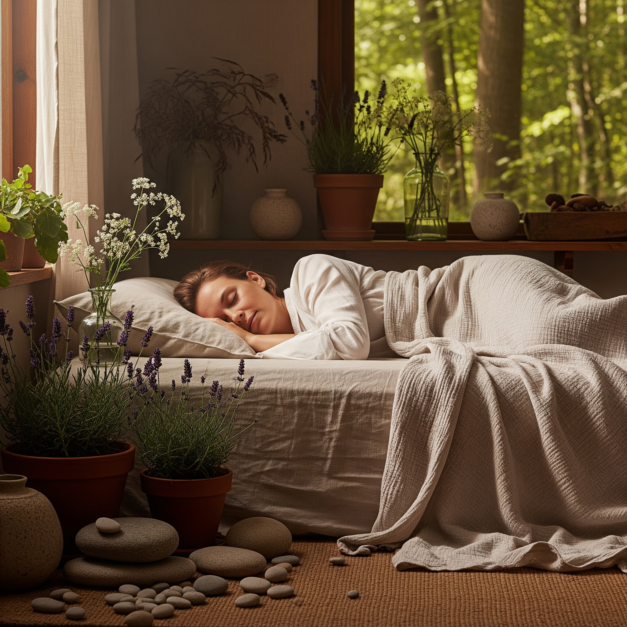 Personne endormie dans un environnement calme, chambre sombre et literie confortable