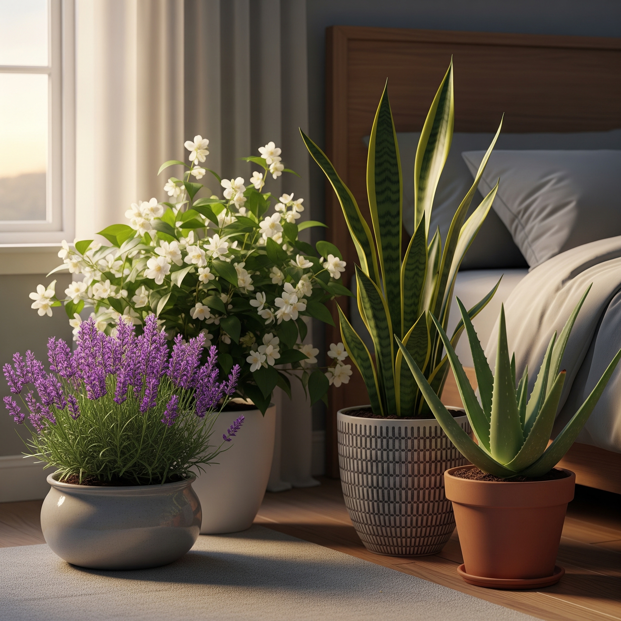 Plantes d'intérieur dans une chambre pour purifier l'air et favoriser le sommeil