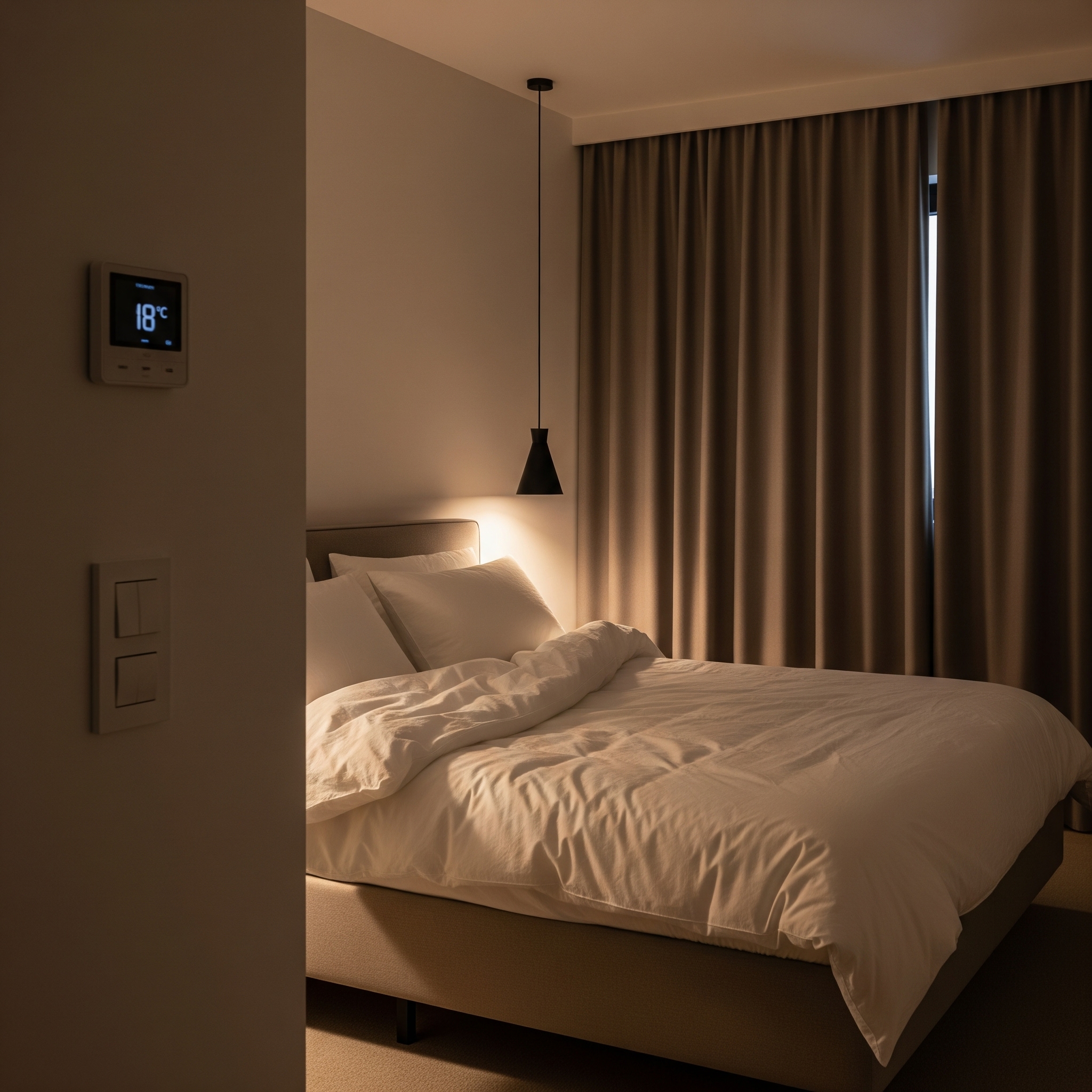 Chambre à coucher bien aménagée avec éclairage tamisé, literie confortable et ambiance propice au sommeil