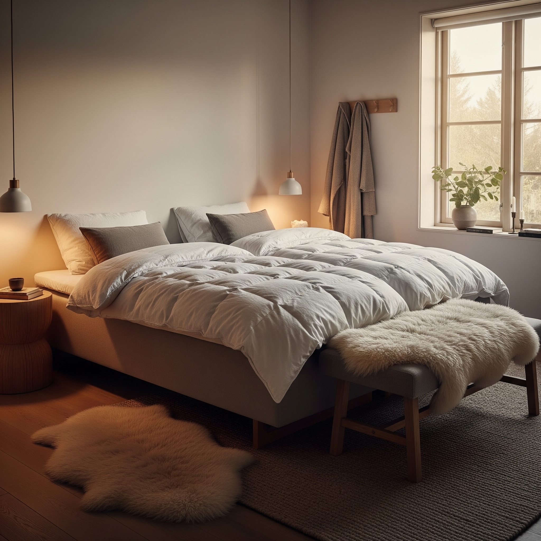 Chambre scandinave minimaliste avec deux couettes individuelles et literie nordique épurée