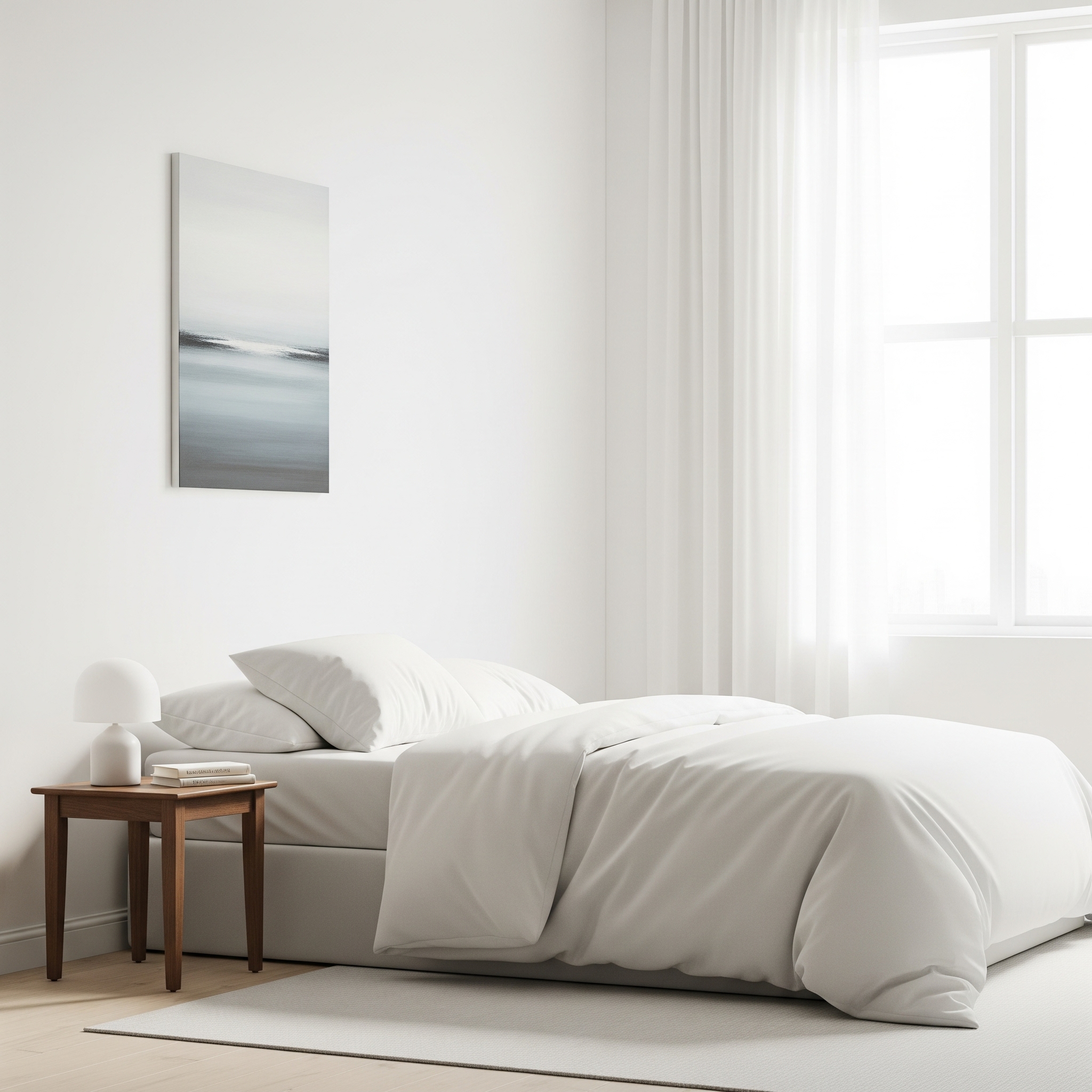 Chambre minimaliste épurée avec lit simple, matelas et décoration sobre pour un sommeil serein