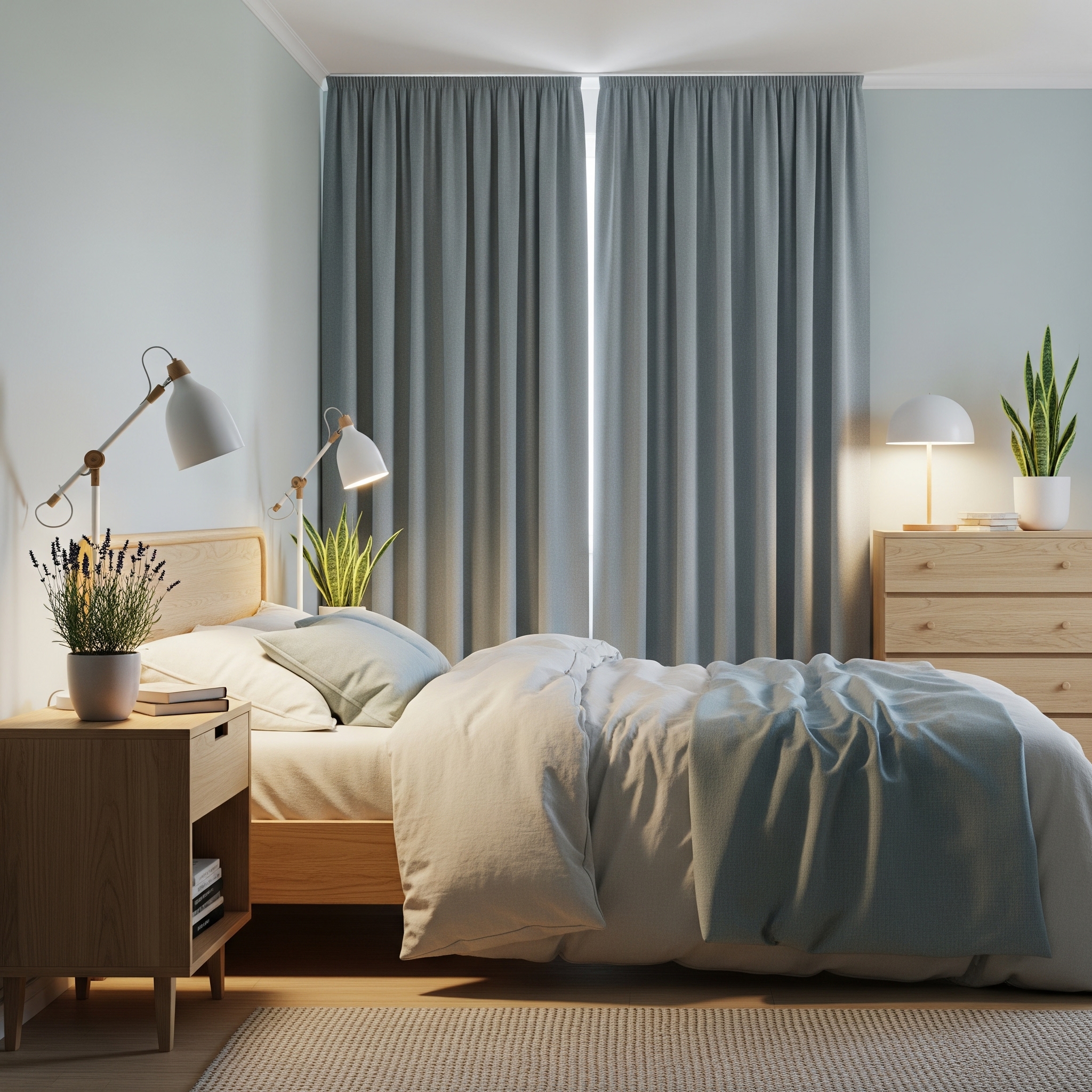 Chambre apaisante décorée avec couleurs douces et matières naturelles pour un sommeil de qualité