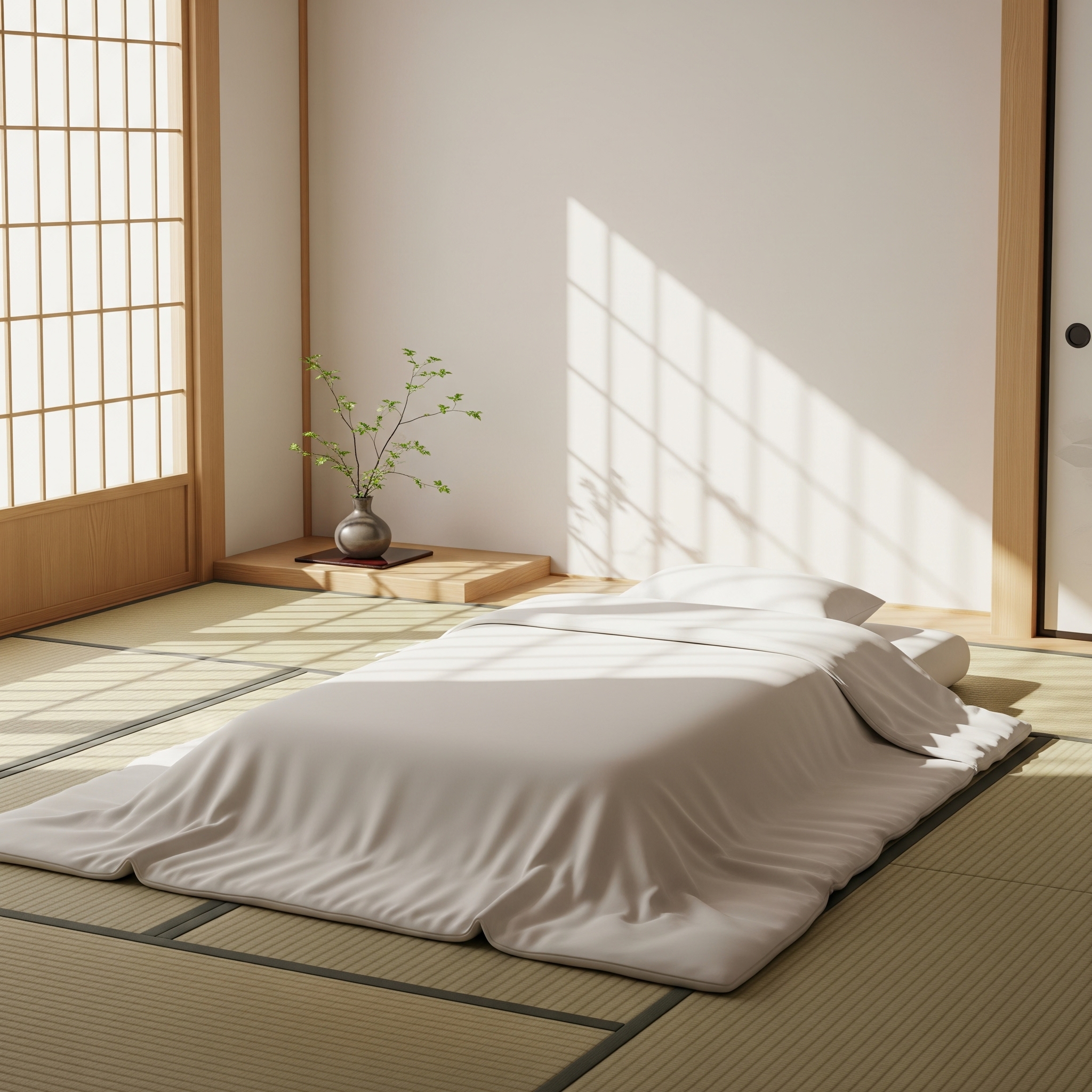 Futon japonais traditionnel déroulé sur un tatami dans une chambre minimaliste