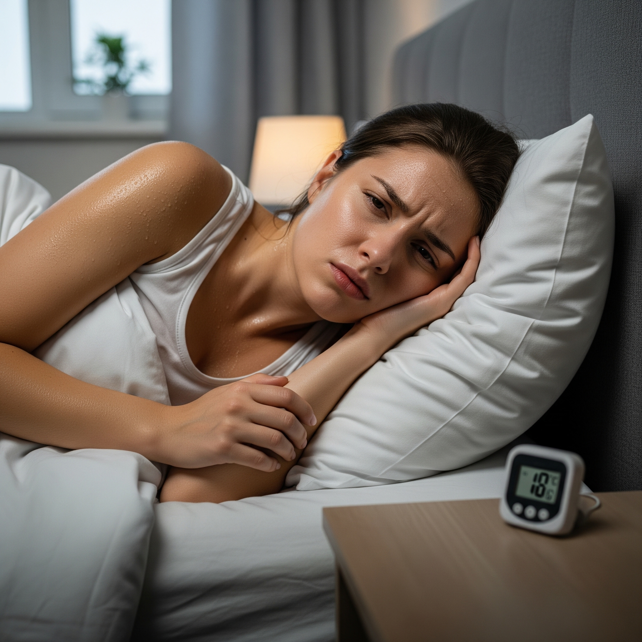 Personne se réveillant avec des sueurs nocturnes dues à une literie inadaptée ou une chambre trop chaude